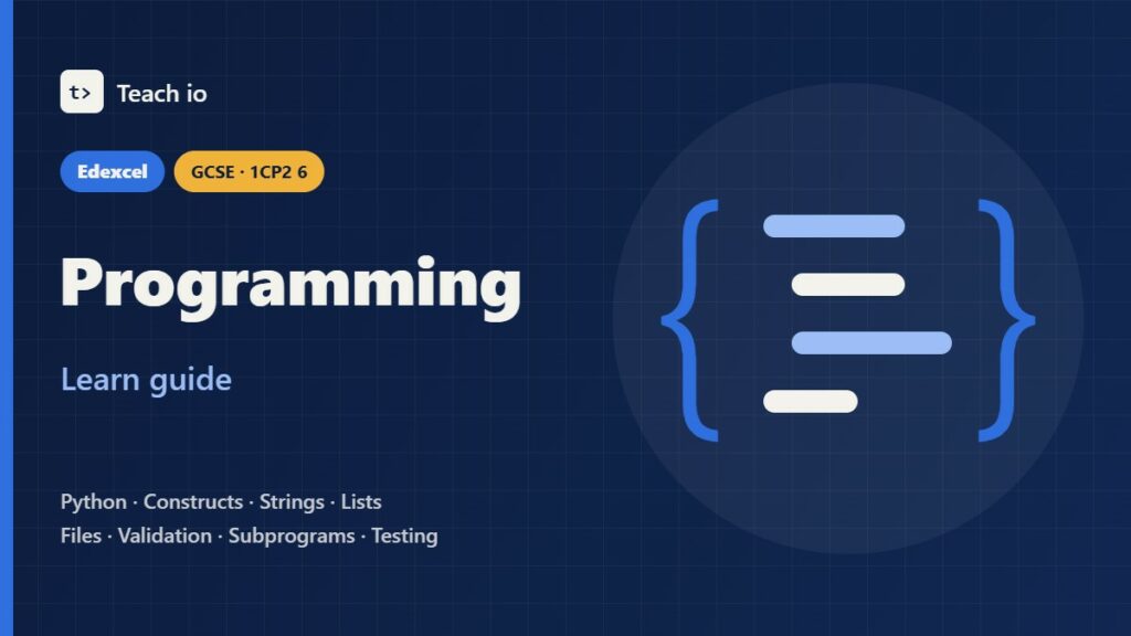 Edexcel GCSE Computer Science 1CP2 Topic 6 Problem solving with programming learn guide cover with tiles for Python, loops, lists and files