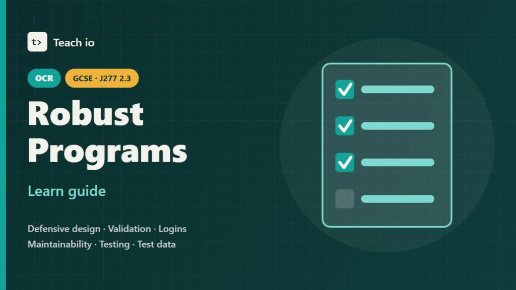 OCR GCSE Computer Science J277 2.3 Producing robust programs learn guide cover with validation, login and testing tiles